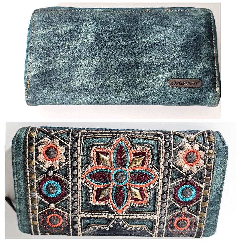 Cartera Montana West Azteca Tachuelas Floral Bordado Glamour Verde Azulado 7.2" L X 4" H Foto 2 de 4