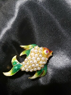 Brosche 18 Karat Gold Emaille Perlen Fisch Meereslebewesen