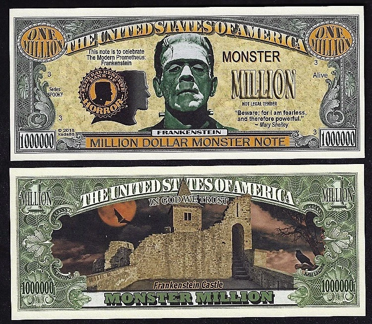 FRANKENSTEIN MONSTER HALLOWEEN MILLION DOLLAR NOVELTY BILL - Lot of 2 BILLS
