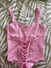 PINK Pink Ribbed Lace-Up Corset Top S Medium Support Wireless Stretch