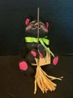 VINTAGE ANNALEE 10" BLACK CAT PINK GREEN WITH BROOM OPEN EYES RARE W/ TAG