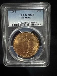 1908 $20 Gold Saint Gaudens Double Eagle Coin No Motto PCGS MS 65