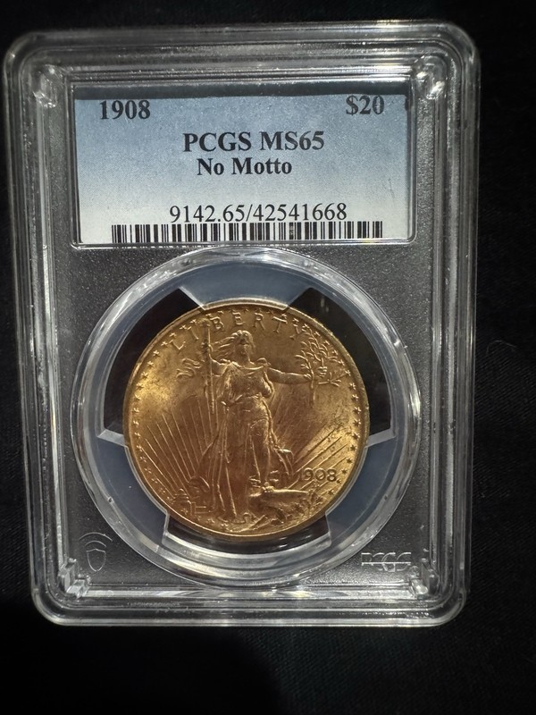 1908 $20 Gold Saint Gaudens Double Eagle Coin No Motto PCGS MS 65