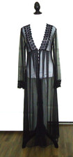 Delicates Long Black Peignoir Robe Beaded Lace Trim Dressing Gown Size-S
