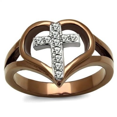 Women's Stainless Steel Two Tone IP Light Brown Ring Crystal Clear - Mother's Da
