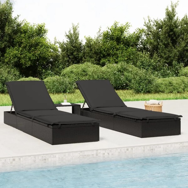 Sonnenliegen 2Er Set Mit Tisch Schwarz Poly Rattan GartenmöBel-image
