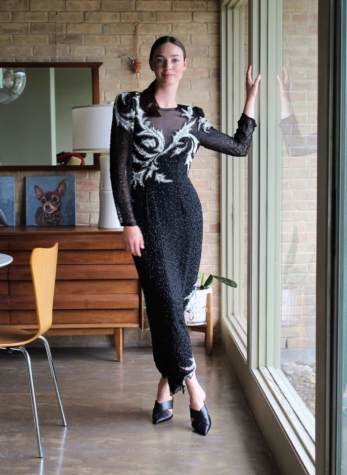 Vintage 80s Beaded Evening Gown A.J. Bari Black Silk Maxi Dress S Women - Image 4 of 4