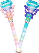 Light up Princess Wands for Kids (Set of 2) - Pink and Blue Fairy Wands with Spi