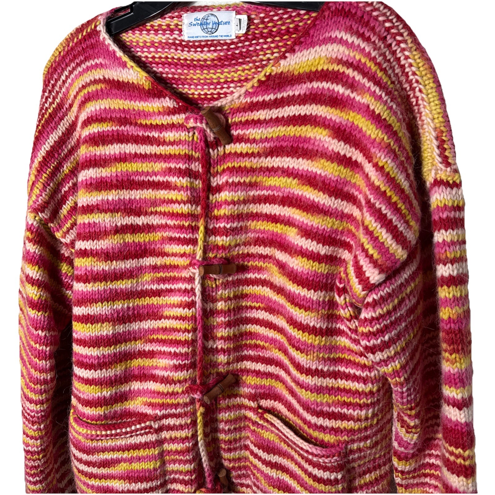 Sweater Venture Womens Chunky Hand Knit Cardigan Wool Alpaca Striped Women's Lg-image