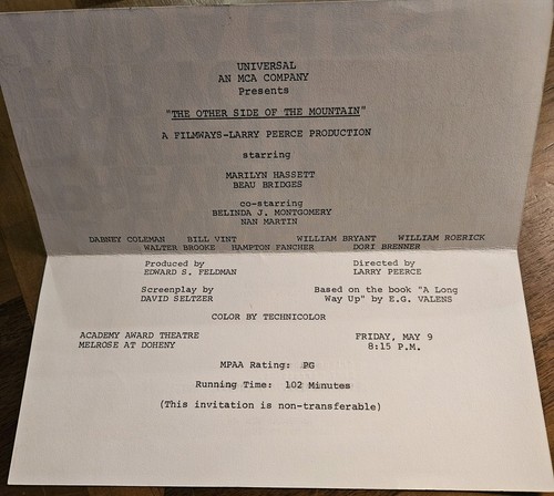 Rare Invitation to See The Premier showing of "The Other Side of the Mountain