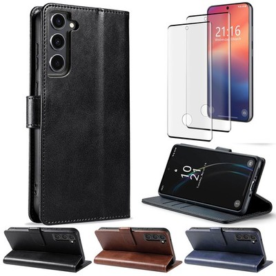 For Samsung Galaxy S23/Plus/Ultra/FE Leather Pouch Case Cover / Tempered Glass