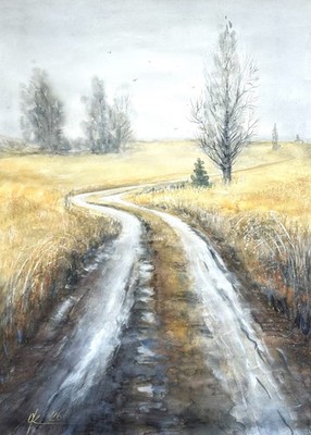 Wheat field Country Road 34''x24'' Watercolor Painting, Autumn Landscape