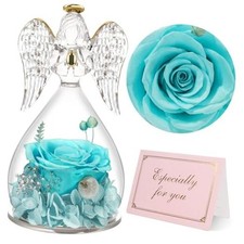 Mom Birthday Gifts for Mom, Glass Angel Figurines with Real Rose Light Blue