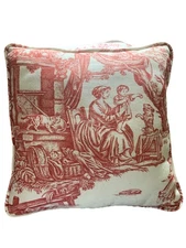 French Country Decorator Pillows Two 14X14 & Two Slip Covers Red Toile Print