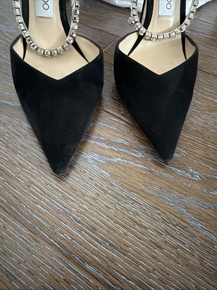 Jimmy Choo Saeda 100 Black Suede Pumps with Crystal Embellishment