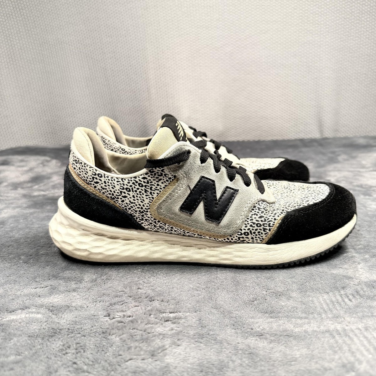 New Balance X-70 Shoes Womens Size 9 White Suede Animal Print