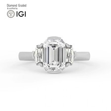 Emerald Solitaire Labgrown Diamond Trilogy Ring 14k White Gold 3.60 Ct