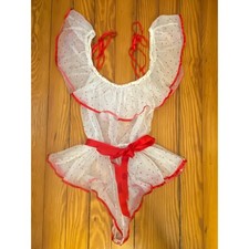 Vintage Sheer White Mesh Heart Print Ruffle Bodysuit Lingerie teddy nightwear