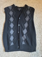 Club Room Men's Merino Wool Knit Argyle V-Neck Button Vest Black Gray Size L