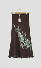 Country Casual Silk Skirt Women's Embellished Chocolate Brown Midi Size M BNWT