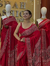 Semi Gajji Silk Saree Real Mirror Work Wedding Party Festive Wear Sari Blouse