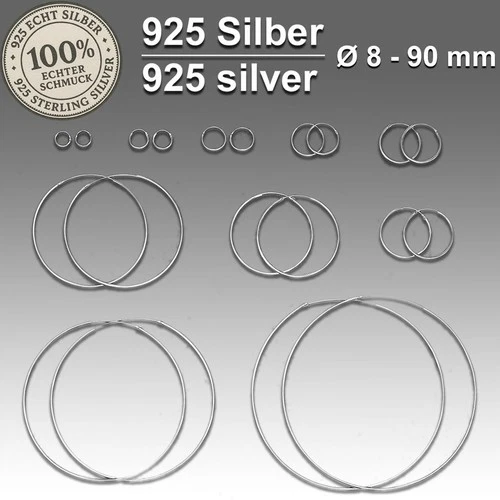 Real 925 Sterling Silver Hoop Earrings Silver Small to XL Large 8 10 12-90mm