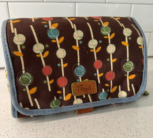 Fossil Key-Per coated canvas cosmetic makeup travel bag EUC