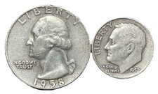 Constitutional US 90% SILVER COINS, 1958-D Quarter & 1957-D Dime (Lot of 2)