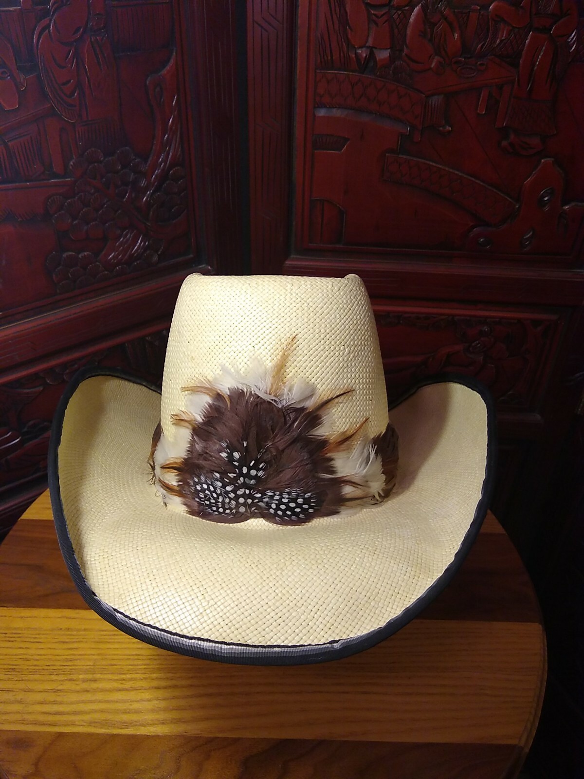 Vintage Straw Western Cowboy Hat Big Feather Headband… Gem