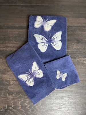 Vintage colormates towel set blue butterfly 100% cotton boho cottagecore 
