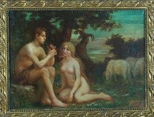 Beau Tableau ancien portrait jeune femme nue Berger Arcadie A.J Boisson 19e