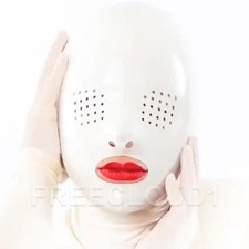 White Latex Hood Eyes Perforated Rubber Mask with Back zip Clubwear Fetish BDSM