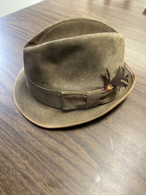 Vintage Hush Puppy Puppies Cap Brown Pigskin Fedora Hat Size 6-7/8 Read 