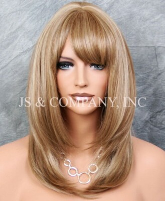 Human hair blend Full Wig Layered Straight bangs Heat OK Blonde mix14/22 PL 