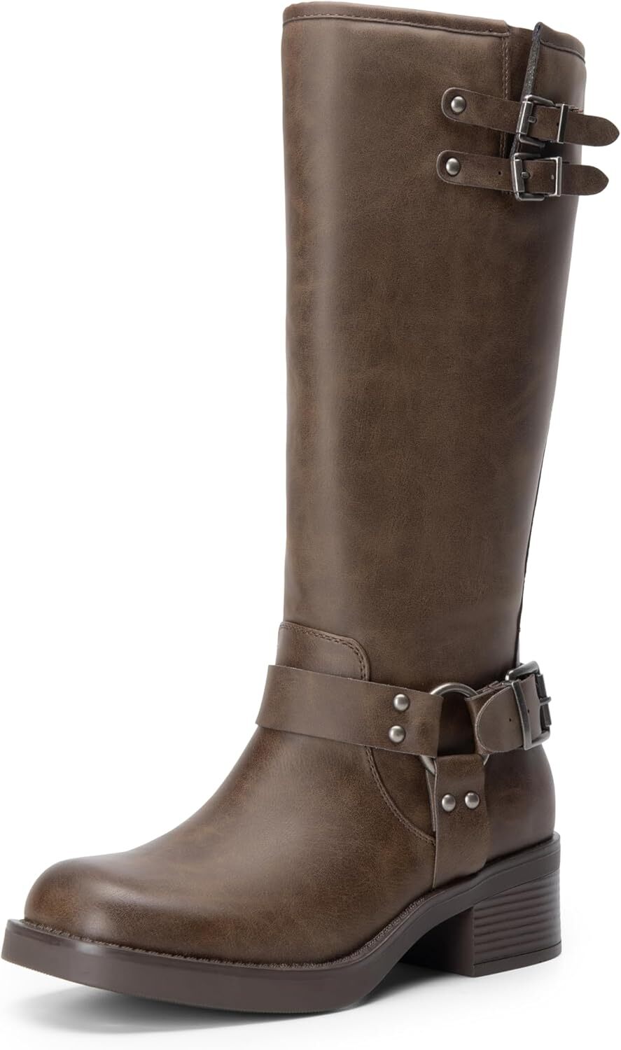 DREAM PAIRS Women’s Knee High Motorcycle Boots with Side Zipper and Square Toe