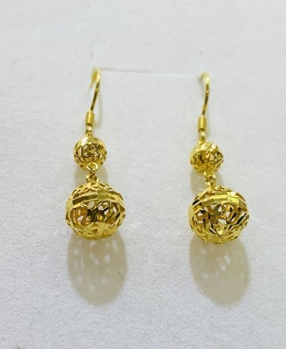 18K Solid Yellow Gold Dangle Ball Diamond Cut Hoop Back Earrings 2.45Grams - Picture 8 of 10