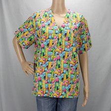 Jasco Animated Giraffes Small Multi-Color Scrub Top V Neck Three Pockets