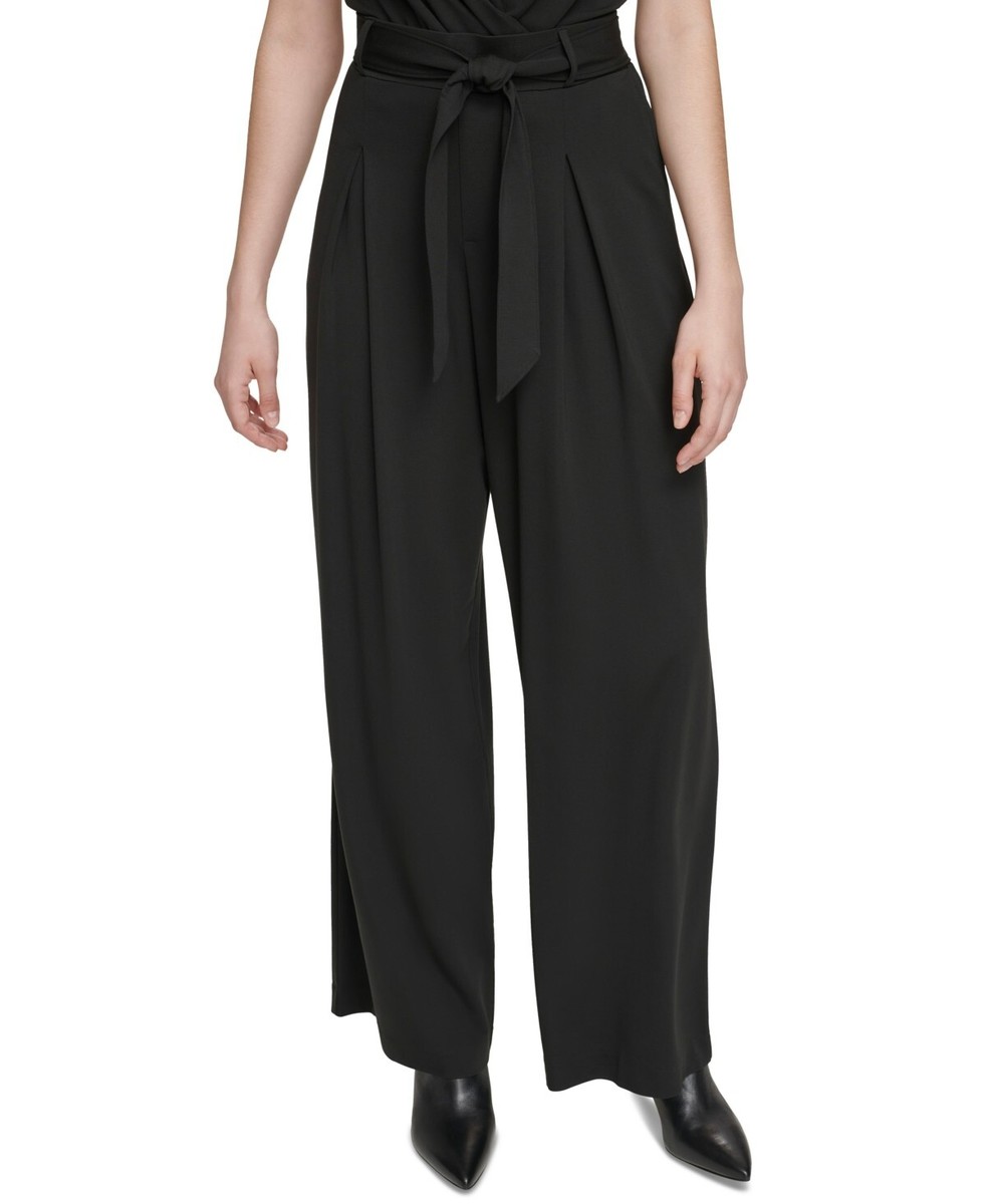 Calvin Klein Women's Belted Pleated Wide Leg Pants, Black Sz-M NWOT - Main Image