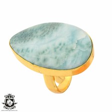 Size 9.5 - Size 11 Adjustable Larimar 24K Gold Plated Ring GPR883