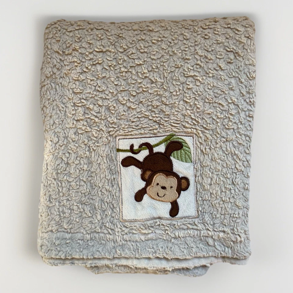 Nojo Little Bedding Tan Brown Monkey Baby Blanket Sherpa Very Soft Fleece - Image 1 of 4
