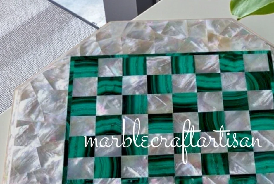 Mother of Pearl & Malachite Stone Chess Tabletop with Game Board & Birthday Gift - Image 3 of 4