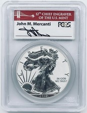 2012 S REVERSE PROOF SILVER EAGLE 75th ANNIV. FIRST STRIKE PR69 MERCANTI LABEL