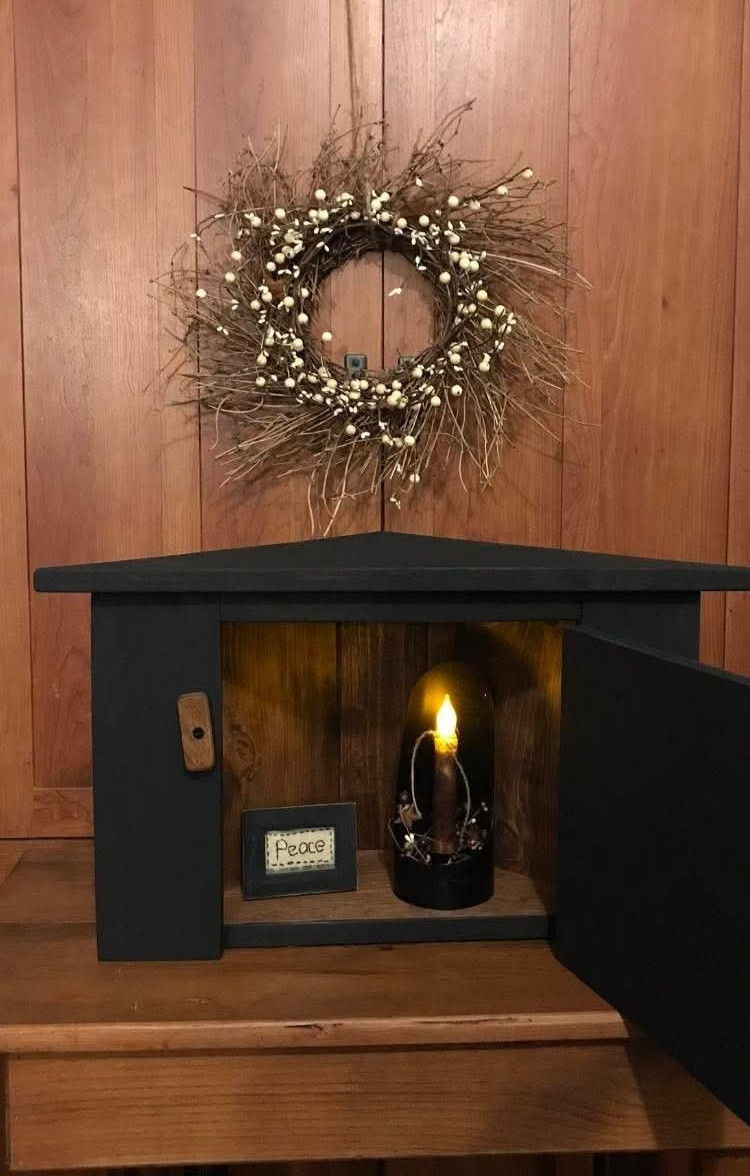 Corner Cabinet Shelf Cupboard Primitive Farmhouse Black Rustic Wooden Handmade-image