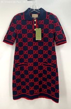 Gucci Women's Navy Red GG Monogram Silk Jacquard Polo Mini Dress Medium NWT