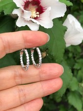 925 Sterling Silver CZ Inside Out Hoop Earrings Small Hoops 20mm/15.5mm x1.9mm