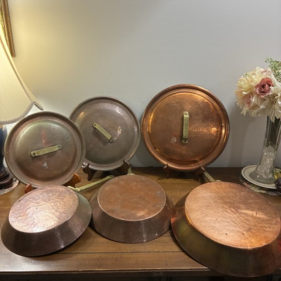 #ad #ad Vintage European Copper Cookware Set 3 Pans w Lids Hand Hammered Brass Handles $269.99