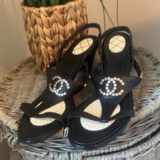 Chanel Vintage Black Leather Studded Slingback Heel Sandals 39.5