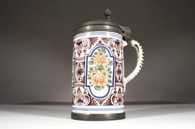 Barocker Fayence Walzenkrug Bierkrug 1L Florale Kacheln 25cm 18. Jh. - Bild 1 von 4