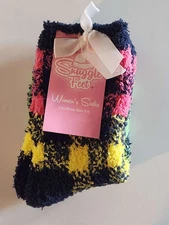 Snuggle Feet Womens Blue Pink Checker Soft Cozy & Warm Fuzzy Socks - Shoe Sz 5-9