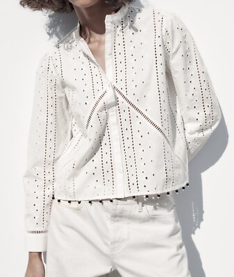 ZARA NWT Beaded Eyelet Cotton Blouse Top Shirt White Size XXL